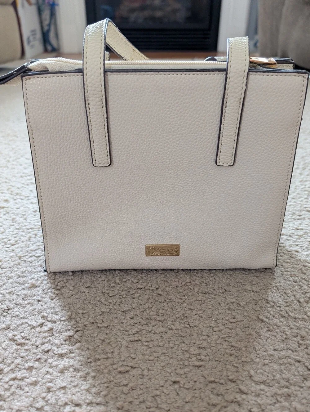 Carlos White Pebbled Structured Tote Bag with Gold Accent - Women Bags